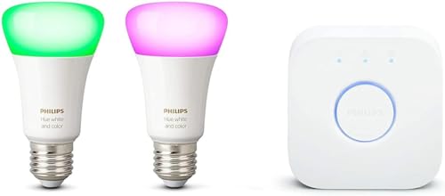 Philips Hue White & Color Ambiance 2er E27 LED Starter Set inkl. Hue Bridge, bis zu 16 Mio. Farben, steuerbar via App, kompatibel mit Amazon Alexa (Echo, Echo Dot)