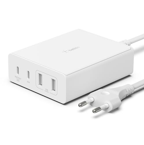 Belkin 108-W-GaN-USB-Ladestation für mehrere Geräte, schnelles Ladegerät mit 2x USB-C und 2x USB-A, Dock/Hub für MacBook, Pro, Air, iPhone 16/15, Pro, Max, mini, iPad Pro, Air, Galaxy, andere Geräte