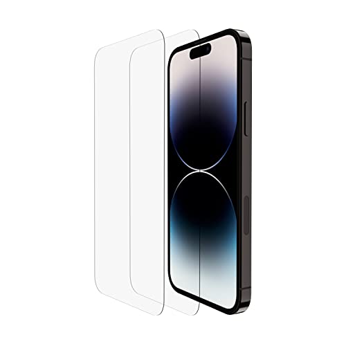 Belkin 2er-Pack TemperedGlass iPhone 14 Pro Displayschutz, einfache, blasenfreie Applikation mit dem enthaltenen Rahmen, nachgewiesener Härtegrad von 9H, kratzfeste Display-Schutzfolie