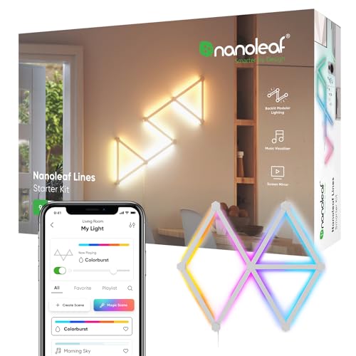 Nanoleaf Lines 60 Grad Starter Kit, 9 Smarten LED RGBW Lichtleisten - Modulare WLAN 16 Mio. Farben Wandleuchte Innen, Musik & Bildschirm Sync, Funktioniert mit Alexa Google Apple, für Deko & Gaming