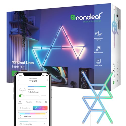 Nanoleaf Lines 60 Grad Starter Kit, 15 Smarten LED RGBW Lichtleisten - Modulare WLAN 16 Mio. Farben Wandleuchte Innen, Musik & Bildschirm Sync, Funktioniert mit Alexa Google Apple, für Deko & Gaming