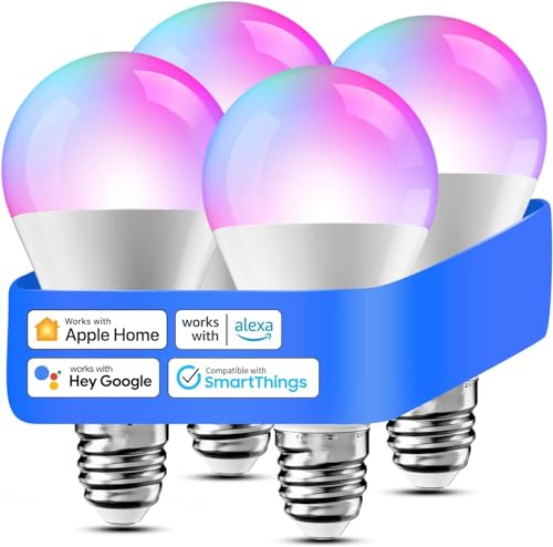 meross Smart WLAN Glühbirne für HomeKit Wifi Lampe LED Mehrfarbige Dimmbare Glühbirne RGBWW kompatibel mit Siri, Alexa, Google Home und SmartThings, E27 Warmweiß, 4 St, Warmweiss