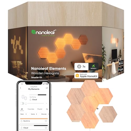 Nanoleaf Elements Hexagon Starter Kit, 7 Smarten Holzoptik LED Panels - Modulare Dimmbare WLAN Wandleuchte Innen, Musik Sync, Funktioniert mit Alexa Google Apple, Deko Wohnzimmer Schlafzimmer Büro