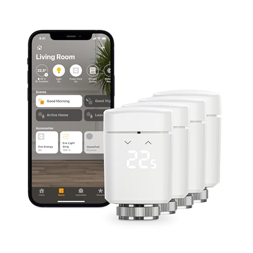 Eve Thermo (Apple Home) 4er Set - Smartes Heizkörperthermostat, Made in Germany, spart Heizkosten, smarte Heizungssteuerung, einfach installiert, Stiftung Warentest geprüft, Thread