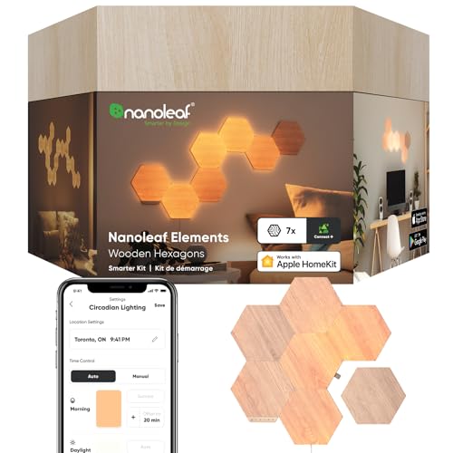 Nanoleaf Elements Hexagon Starter Kit, 7 Smarten Holzoptik LED Panels - Modulare Dimmbare WLAN Wandleuchte Innen, Musik Sync, Funktioniert mit Alexa Google Apple, Deko Wohnzimmer Schlafzimmer Büro