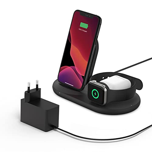 Belkin drahtloses 3-in-1 Ladegerät (kabellose 7,5-W-Ladestation für iPhone, Apple Watch und AirPods) – kabelloses Ladedock, drahtlose iPhone Ladestation, Apple Watch Ladeständer – Schwarz