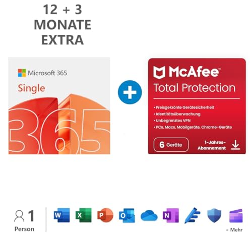 Microsoft 365 Single | 12+3 Monate, 1 Nutzer | PC/Mac & mobile Geräte | bis zu 6 TB OneDrive Cloudspeicher | Code per E-Mail + McAfee Total Protection |12 Monate, 6 Geräte | Download Code